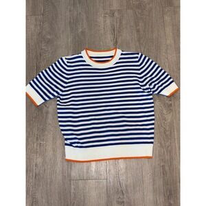 Women T Shirt Medium Blue White Striped Stretch Knit Ribbed Casual Everyday Wear